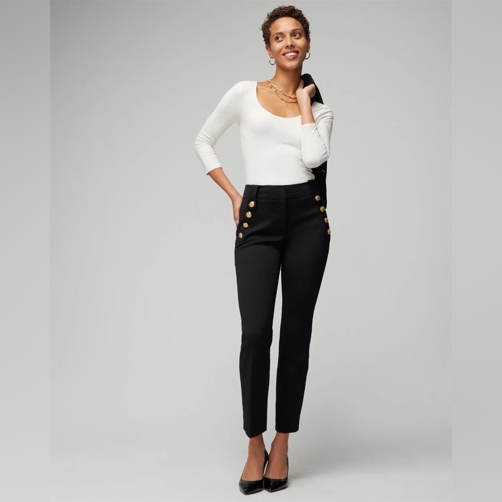 White House Black Market Black Straight-Leg Pants with Gold Buttons